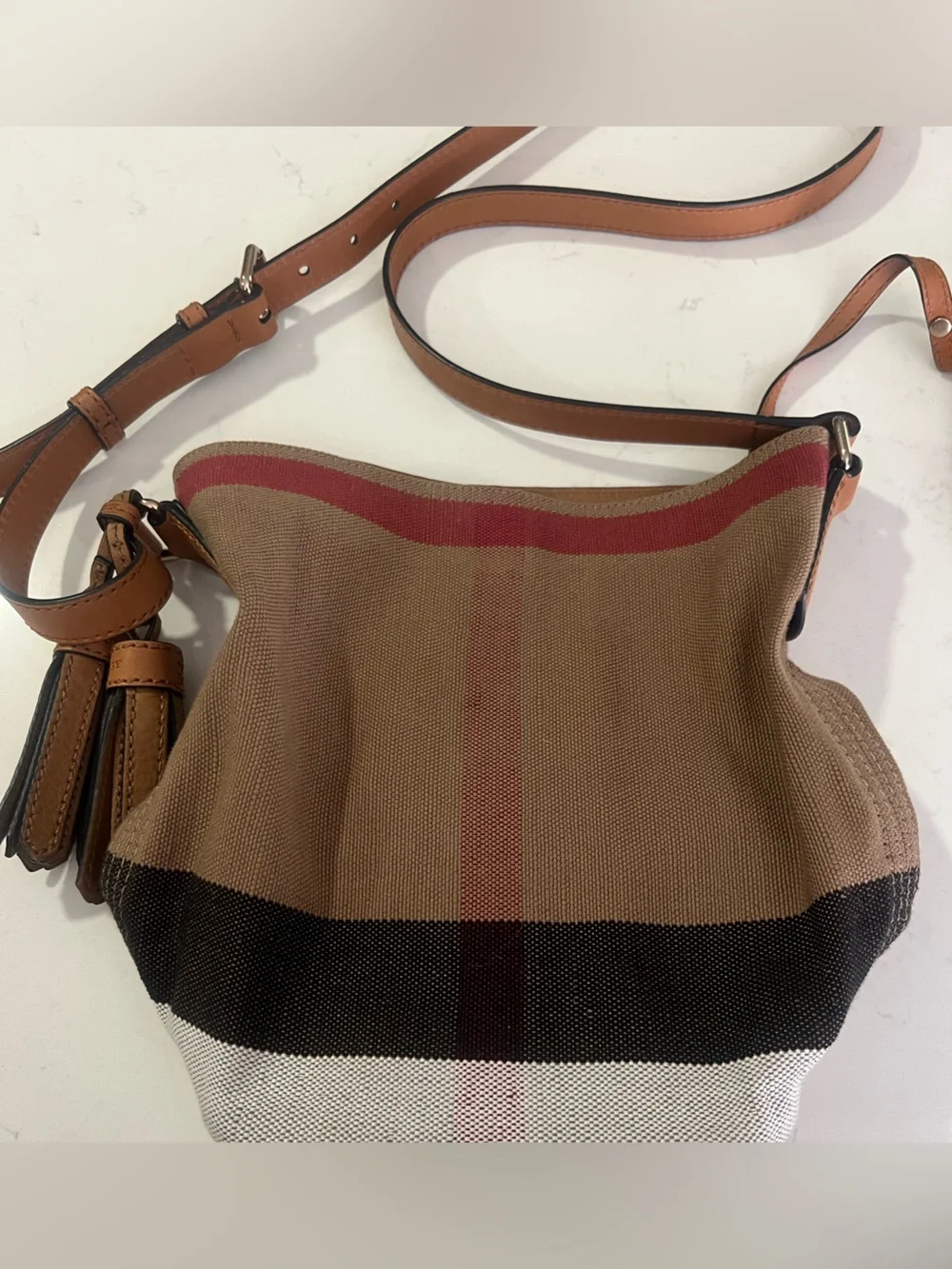 Burberry Beige, Brown and Red Check Crossbody Bag with Leather Trim